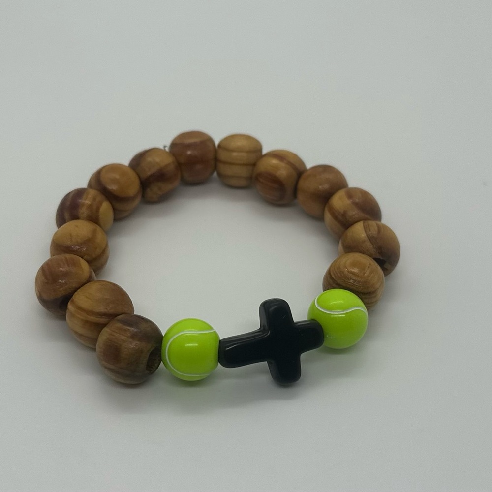 Wooden Bead Bracelet with Black Cross and Green Accents